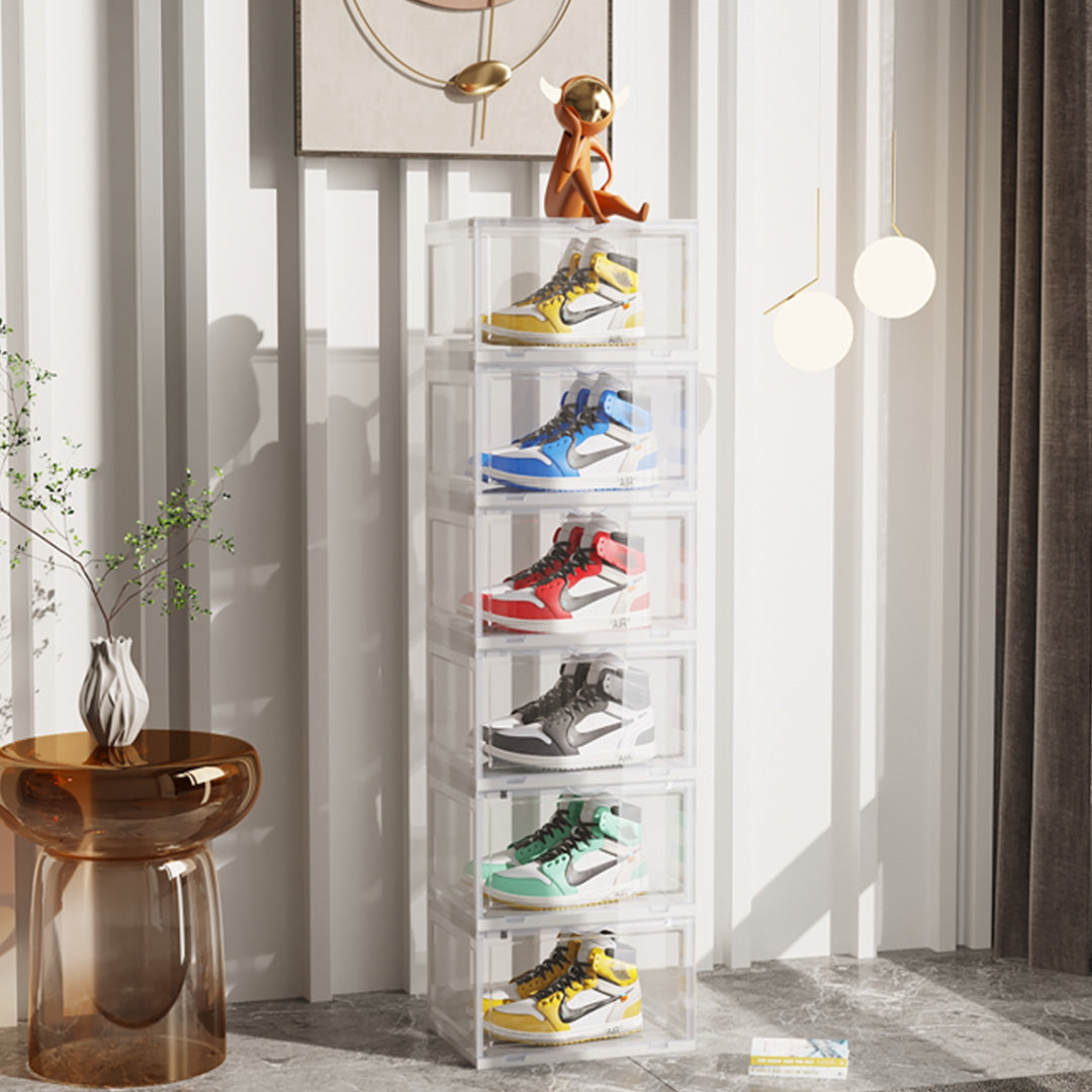 SOGA 6 Tier Transparent Portable Shoe Organiser Sneaker Footwear Folding Plastic Bin Stackable Storage Box with Magnetic Door