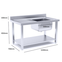 SOGA Stainless Steel Work Bench Right Sink Commercial Restaurant Kitchen Food Prep Table 120*70*85