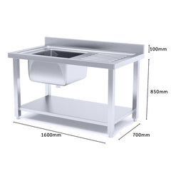 SOGA Stainless Steel Work Bench Sink Commercial Restaurant Kitchen Food Prep Table 160*70*85cm