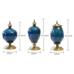 SOGA 2x 40cm Ceramic Oval Flower Vase with Gold Metal Base Dark Blue