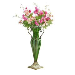 SOGA Green Colored European Glass Flower Vase Solid Base with Two Gold Metal Handle