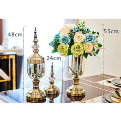SOGA 2 x Clear Glass Flower Vase with Lid and Blue Flower Filler Vase Gold Set