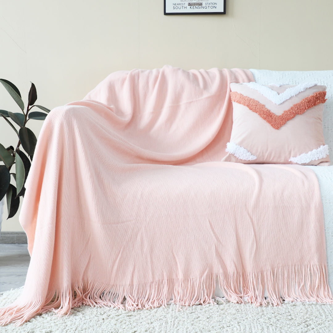 SOGA 2X Pink Acrylic Knitted Throw Blanket Solid Fringed Warm Cozy Woven Cover Couch Bed Sofa Home Decor