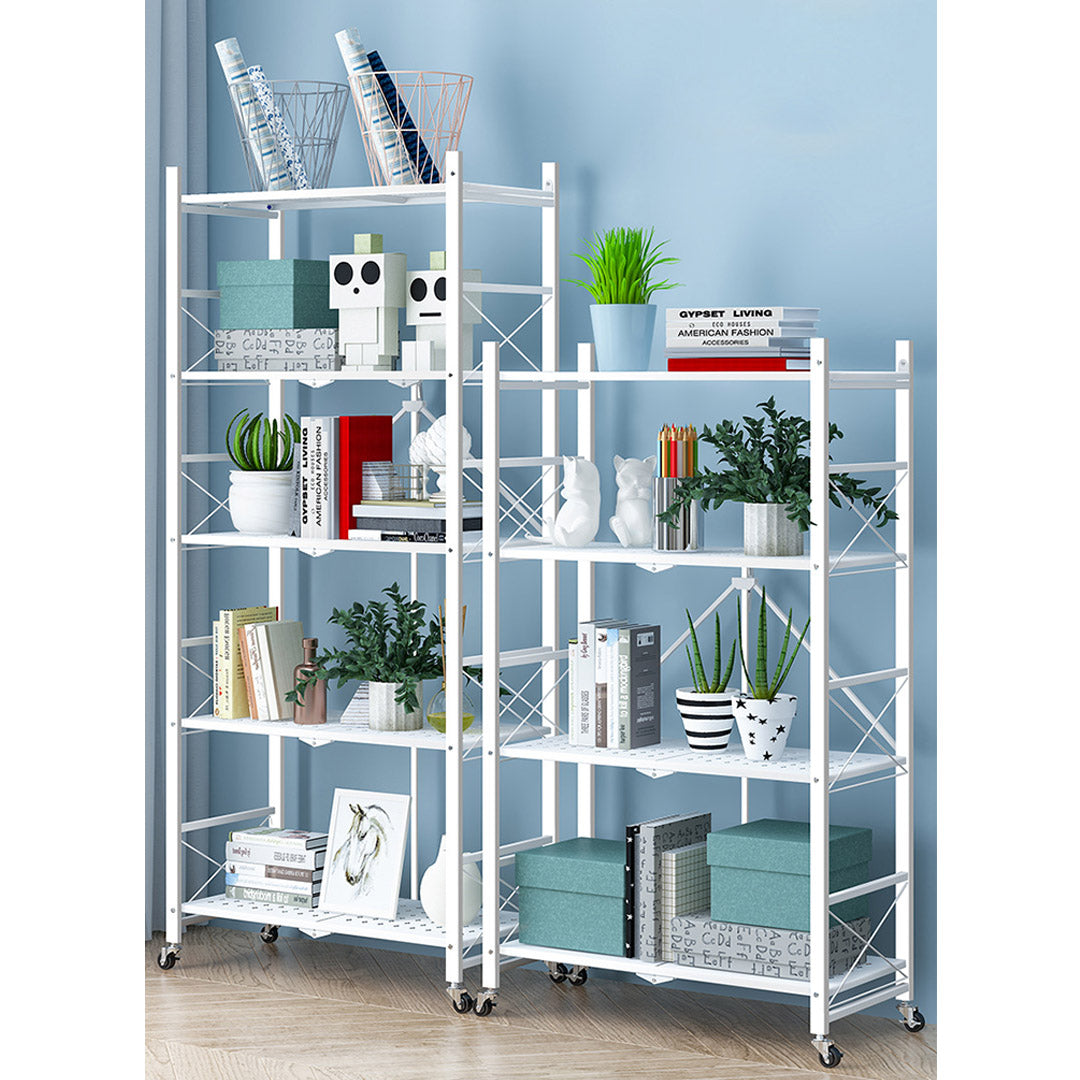 SOGA 2X 4 Tier Steel White Foldable Display Stand Multi-Functional Shelves Portable Storage Organizer with Wheels