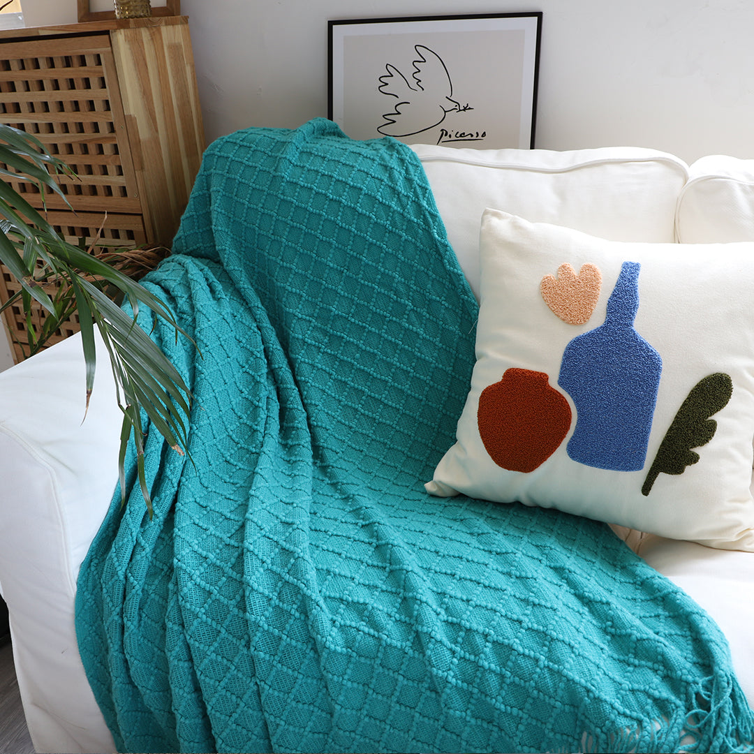 SOGA Teal Diamond Pattern Knitted Throw Blanket Warm Cozy Woven
