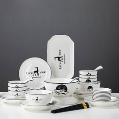 SOGA White Antler Printed Ceramic Dinnerware Set Crockery Soup Bowl Plate Server Kitchen Home Decor Set of 28