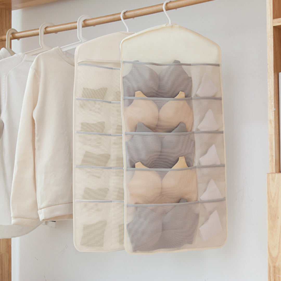 SOGA Beige Double Sided Hanging Storage Bag Underwear Bra Socks Mesh Pocket Hanger Home Organiser