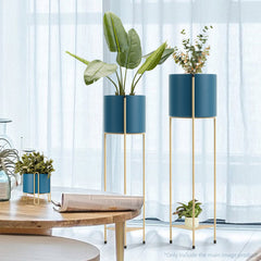 SOGA 4X 2 Layer 65cm Gold Metal Plant Stand with Blue Flower Pot Holder Corner Shelving Rack Indoor Display