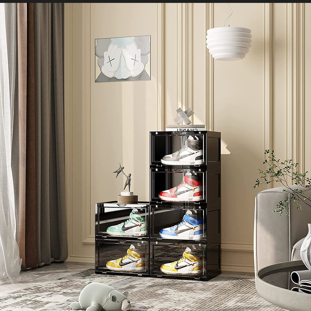 SOGA 2X 2 Tier Black Portable Shoe Organiser Sneaker Footwear Folding Plastic Bin Stackable Storage Box with Magnetic Door