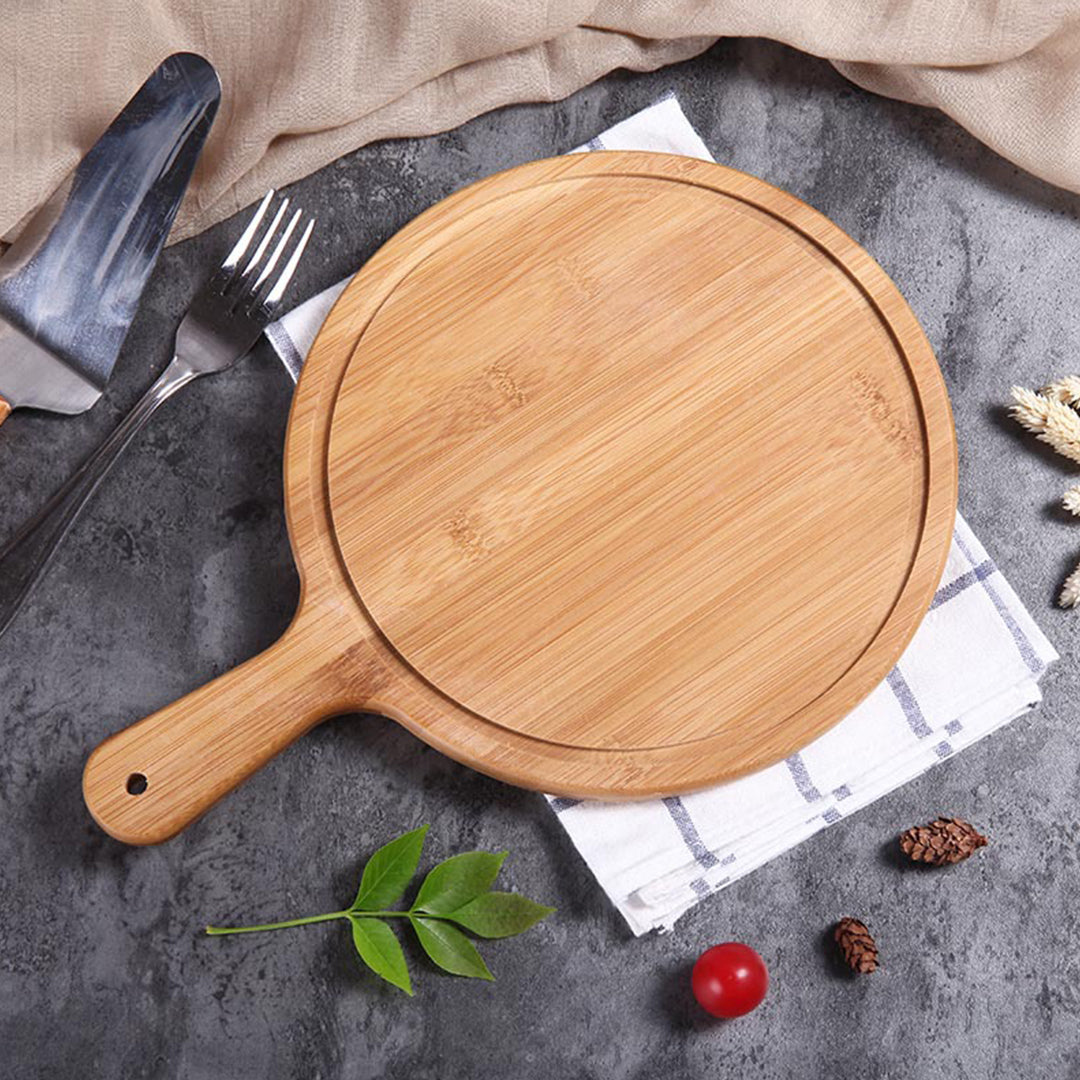 SOGA 6 inch Blonde Round Premium Wooden Serving Tray Board Paddle with Handle Home Decor