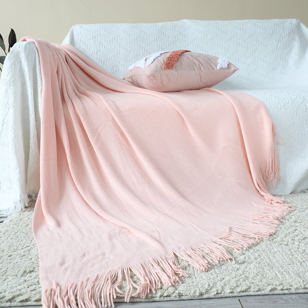 SOGA 2X Pink Acrylic Knitted Throw Blanket Solid Fringed Warm Cozy Woven Cover Couch Bed Sofa Home Decor