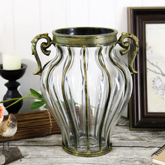 SOGA Clear European Glass Home Decor Flower Vase with Two Metal Handle