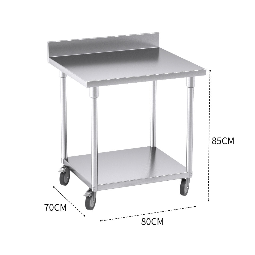 SOGA 80cm Commercial Catering Kitchen Stainless Steel Prep Work Bench Table with Backsplash and Caster Wheels