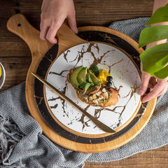 SOGA 30cm White Circle Wooden Serving Tray Slate Steak Serving Platter Chopping Board Paddle Home Decor