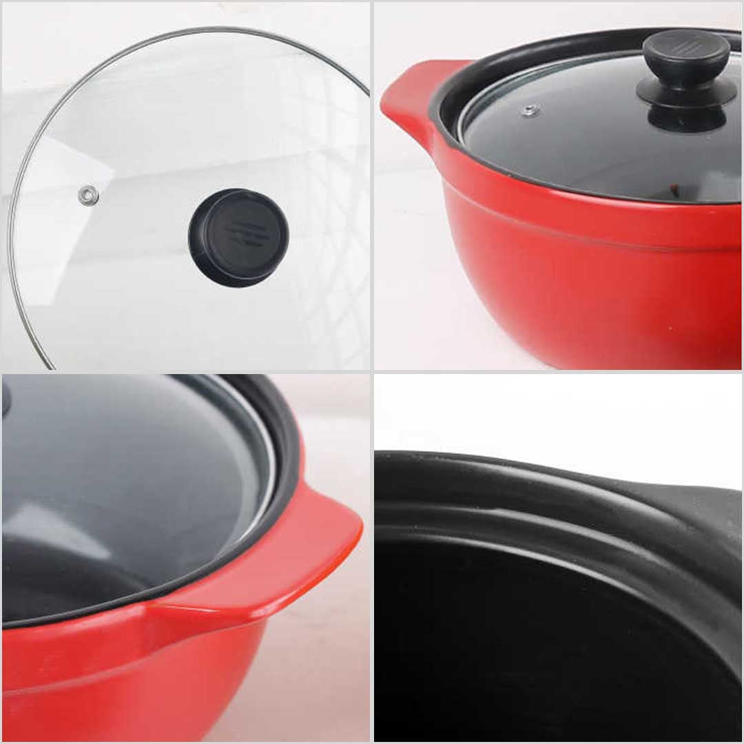 3.5L Ceramic Casserole Stew Cooking Pot with Glass Lid Red