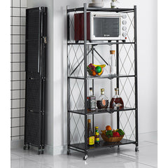SOGA 5 Tier Steel Black Foldable Kitchen Cart Multi-Functional Shelves Portable Storage Organizer with Wheels