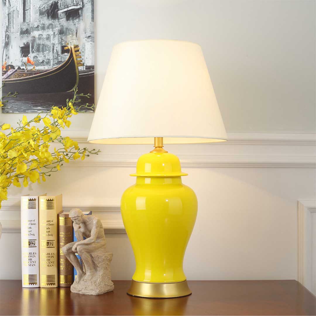 SOGA 4X Oval Ceramic Table Lamp with Gold Metal Base Desk Lamp Yellow