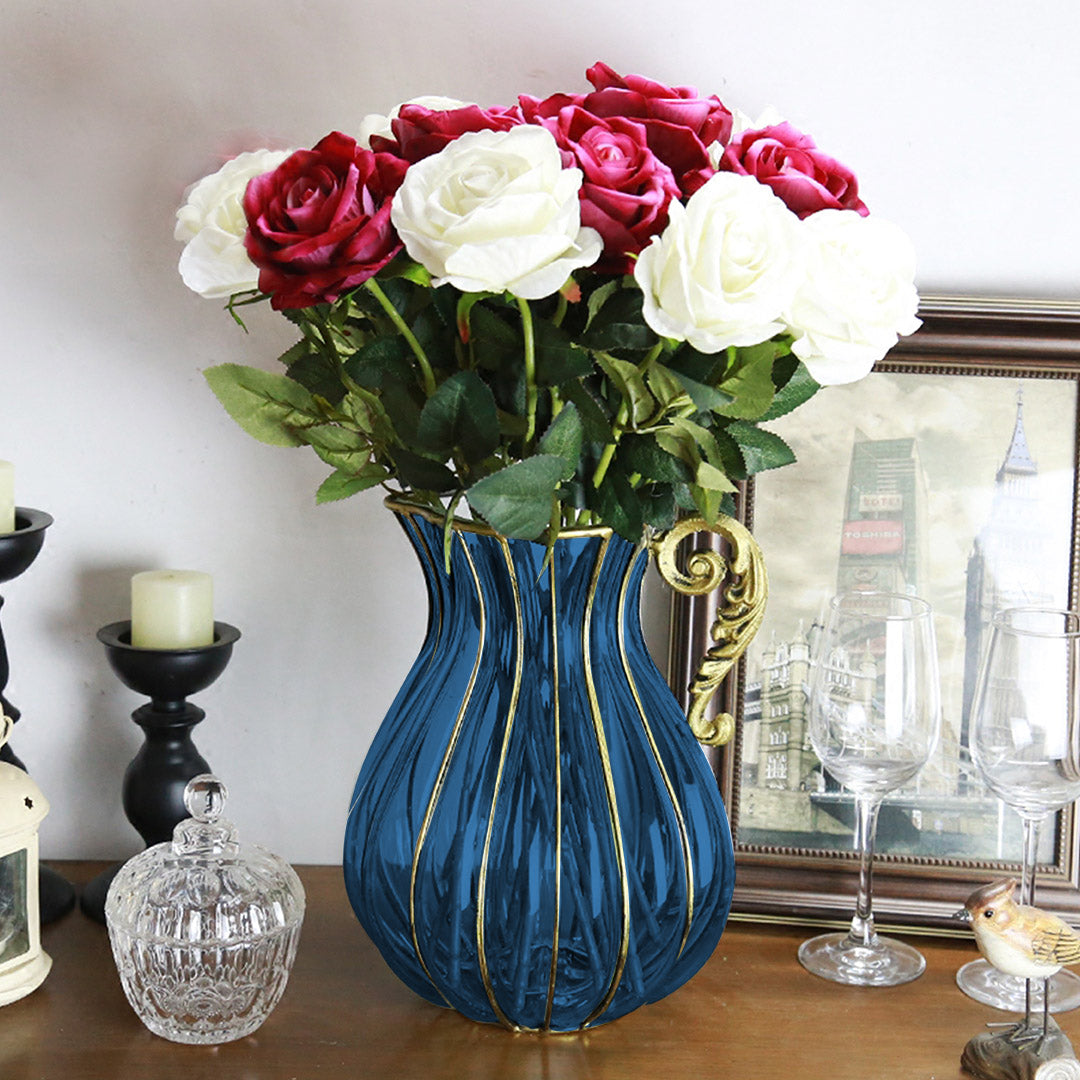 SOGA Blue European Colored Glass Home Decor Jar Flower Vase with Metal Handle