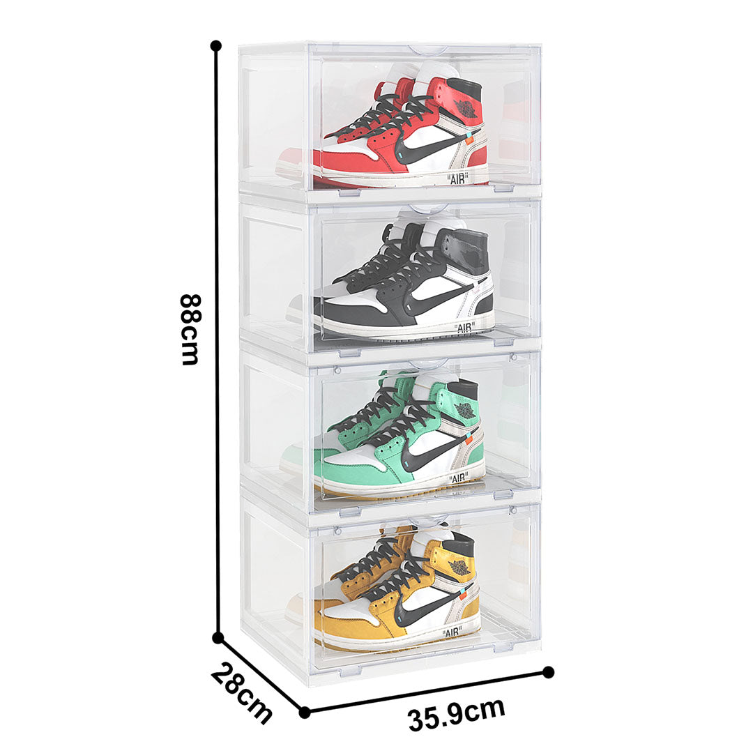 SOGA 4 Tier Transparent Portable Shoe Organiser Sneaker Footwear Folding Plastic Bin Stackable Storage Box with Magnetic Door