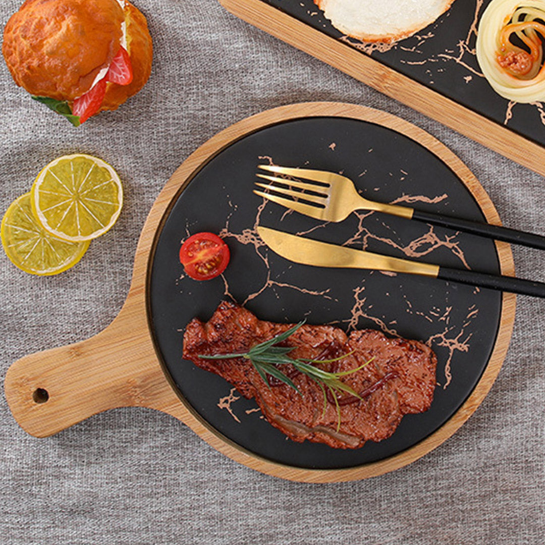 SOGA 30cm Black Circle Wooden Serving Tray Slate Steak Serving