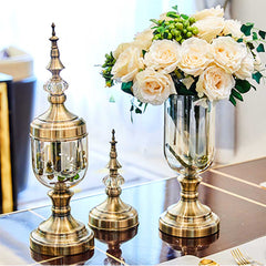 SOGA 2 x Clear Glass Flower Vase with Lid and White Flower Filler Vase Gold Set