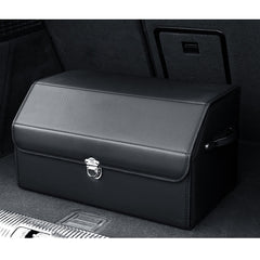 SOGA Leather Car Boot Collapsible Foldable Trunk Cargo Organizer Portable Storage Box With Lock Black Medium