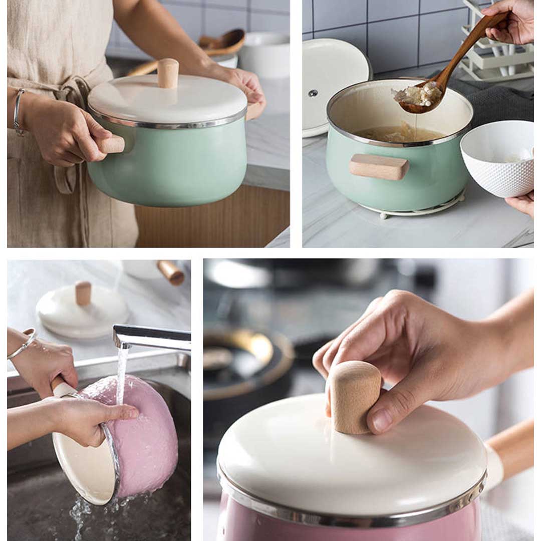 22cm Enamel Milk Pot Ceramic Saucepan with Lid Stockpot Set Pink