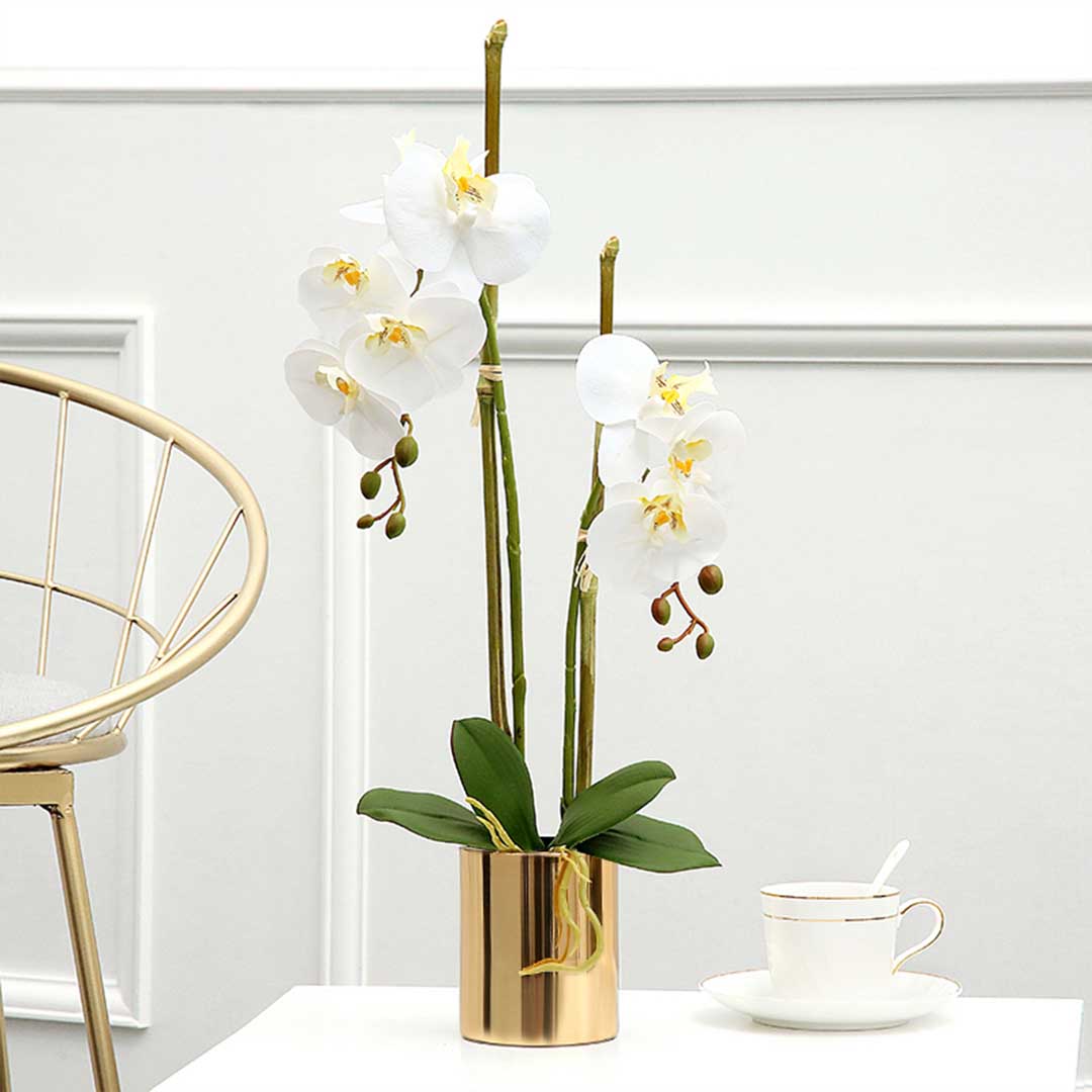 SOGA White Artificial Fake Orchid Flower in Copper Metal Vase Set
