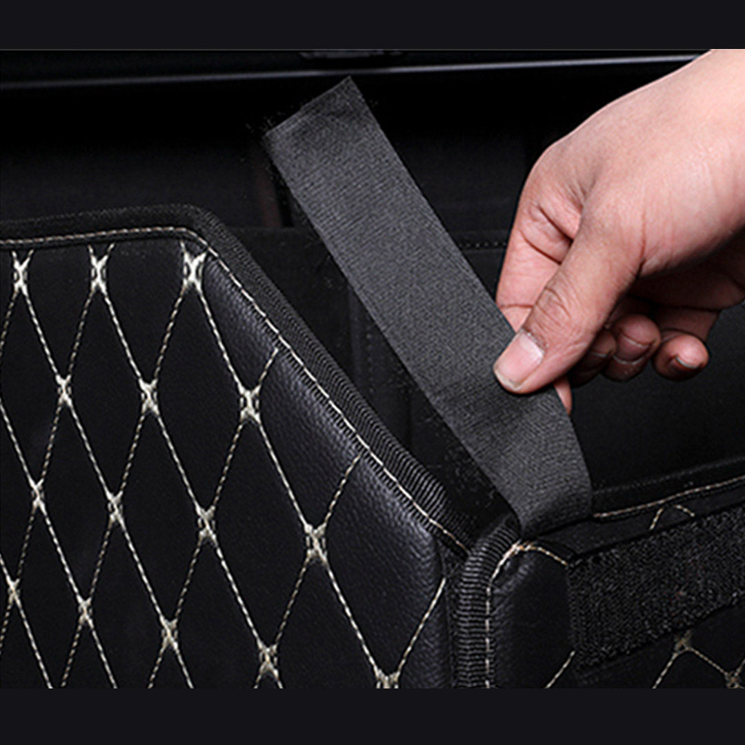 SOGA Leather Car Boot Collapsible Foldable Trunk Cargo Organizer Portable Storage Box Black/Gold Stitch Medium