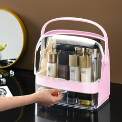 SOGA 2 Tier Pink Countertop Makeup Cosmetic Storage Organiser Skincare Holder Jewelry Storage Box with Handle