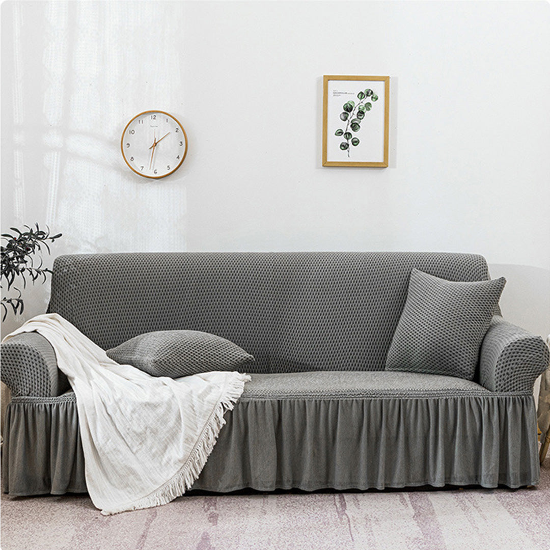 SOGA 4-Seater Grey Sofa Cover with Ruffled Skirt Couch Protector High Stretch Lounge Slipcover Home Decor