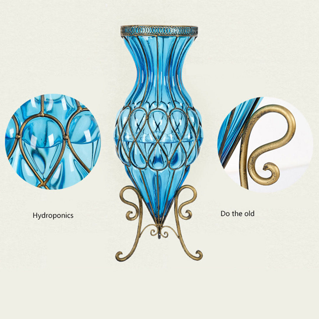 SOGA 67cm Blue Glass Tall Floor Vase and 12pcs Dark Pink Artificial Fake Flower Set