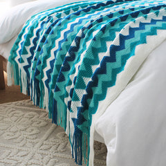 SOGA 2X 170cm Blue Zigzag Striped Throw Blanket Acrylic Wave Knitted Fringed Woven Cover Couch Bed Sofa Home Decor