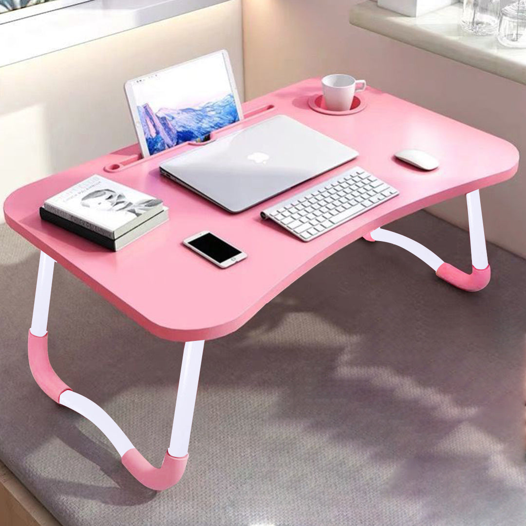 SOGA 2X Pink Portable Bed Table Adjustable Folding Mini Desk Notebook Stand Card Slot Holder with Cup-Holder Home Decor