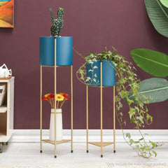 SOGA 4X 2 Layer 65cm Gold Metal Plant Stand with Blue Flower Pot Holder Corner Shelving Rack Indoor Display