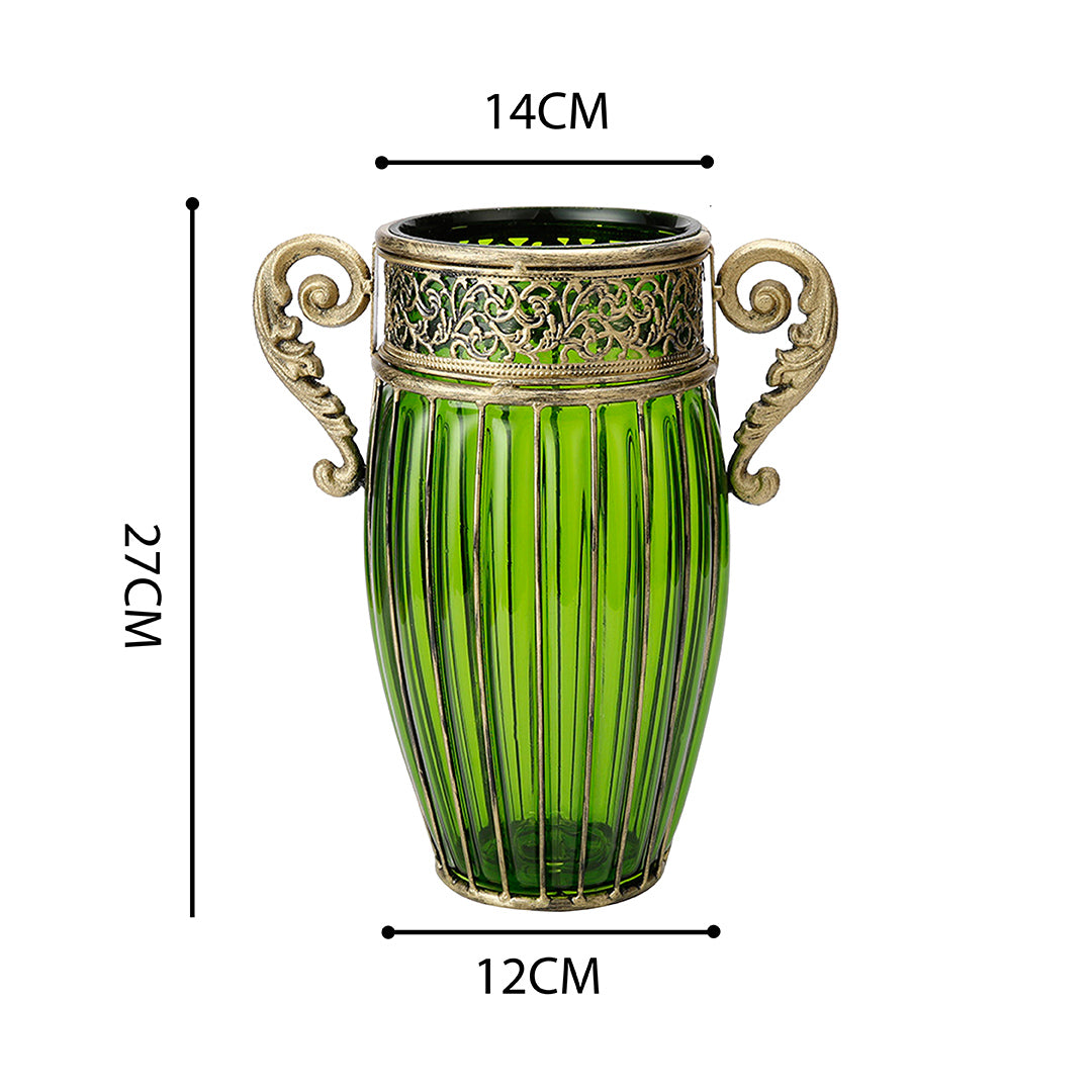 SOGA Green European Colored Glass Home Decor Jar Flower Vase with Two Metal Handle