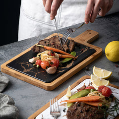 SOGA 33.5cm Black Square Wooden Serving Tray Slate Steak Serving Platter Chopping Board Paddle Home Decor