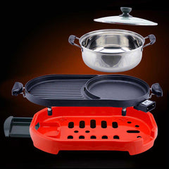 SOGA 2 in 1 BBQ Electric Pan Grill Teppanyaki Stainless Steel Hot Pot Steamboat Red