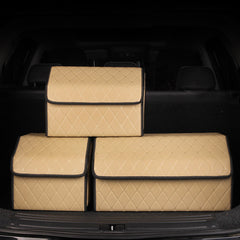 SOGA 4X Leather Car Boot Collapsible Foldable Trunk Cargo Organizer Portable Storage Box Beige/Gold Stitch Small