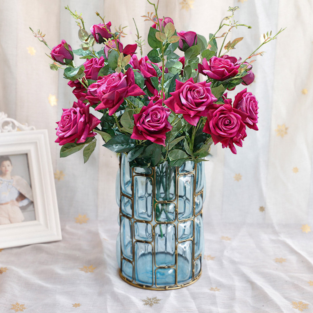 SOGA Blue Glass Cylinder Flower Vase with 8 Bunch 5 Heads Artificial Fake Silk Rose Home Decor Set