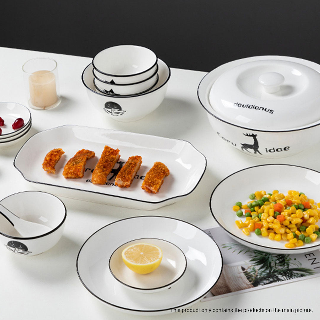 SOGA White Antler Printed Ceramic Dinnerware Set Crockery Soup Bowl Plate Server Kitchen Home Decor Set of 13