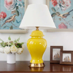 SOGA 4X Oval Ceramic Table Lamp with Gold Metal Base Desk Lamp Yellow