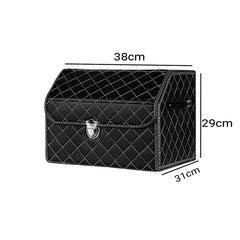 SOGA 4X Leather Car Boot Collapsible Foldable Trunk Cargo Organizer Portable Storage Box Black/White Stitch with Lock Small