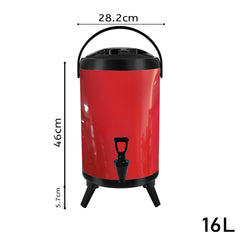 SOGA 2X 16L Stainless Steel Insulated Milk Tea Barrel Hot and Cold Beverage Dispenser Container with Faucet Red