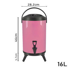 SOGA 16L Stainless Steel Insulated Milk Tea Barrel Hot and Cold Beverage Dispenser Container with Faucet Pink