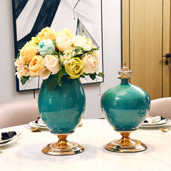 SOGA 40cm Ceramic Oval Flower Vase with Gold Metal Base Dark Blue