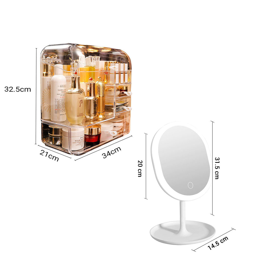 SOGA Transparent Cosmetic Storage Skincare Holder and 20cm White Rechargeable LED Light Makeup Tabletop Mirror Set
