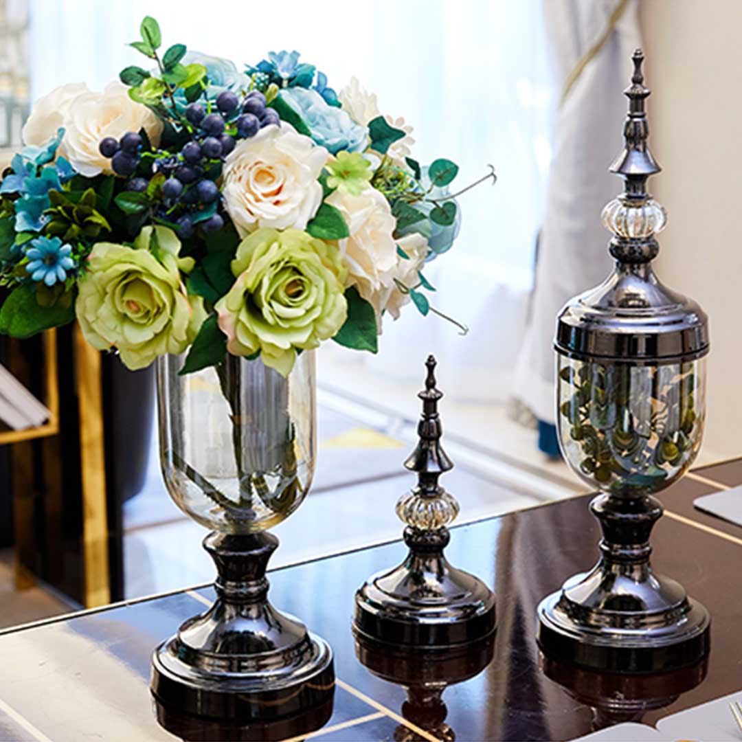SOGA 2 x Clear Glass Flower Vase with Lid and Blue Flower Filler Vase Black Set