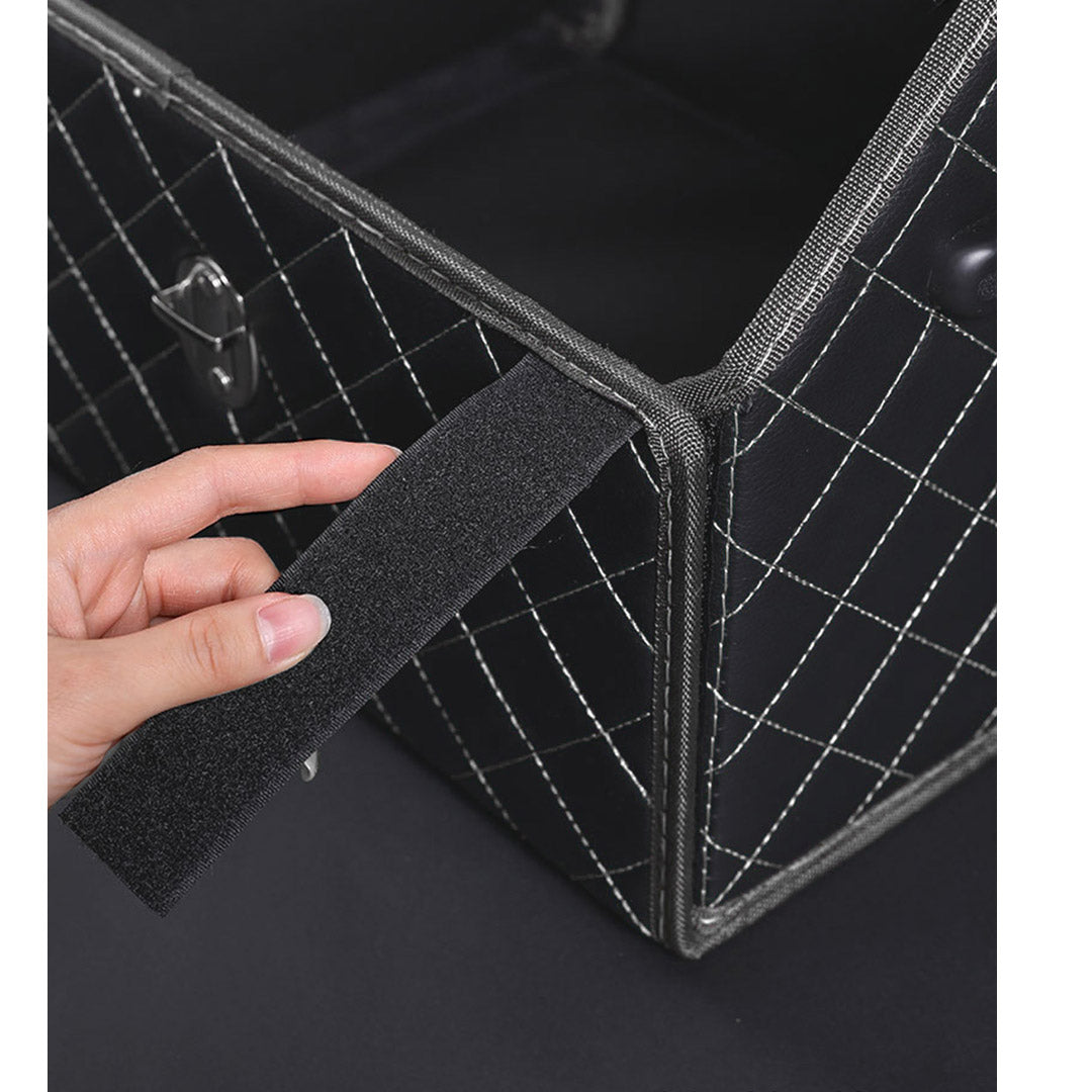 SOGA 4X Leather Car Boot Collapsible Foldable Trunk Cargo Organizer Portable Storage Box Black/White Stitch with Lock Medium