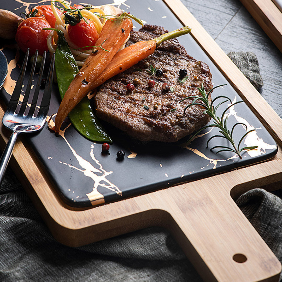 SOGA 33.5cm Black Square Wooden Serving Tray Slate Steak Serving Platter Chopping Board Paddle Home Decor